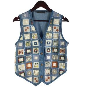 Vintage‎ Patchwork Denim Vest New Identity Button Front Quilted Cottagecore L